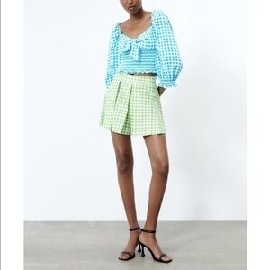 New Zara | Preppy High Rise Gingham Green & White Skort Size Extra Small